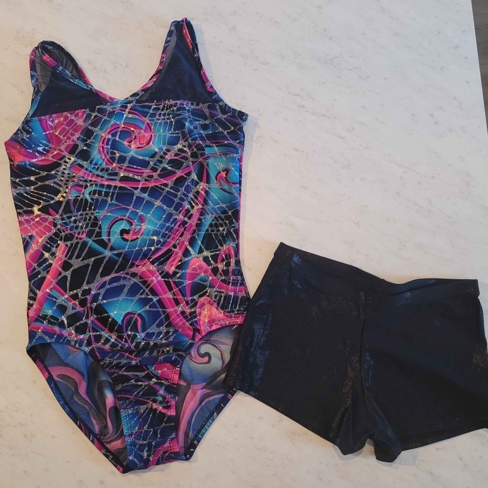 Colorful Swirl Pattern Leotard and Black Shorts Set Gymnastics Mondor